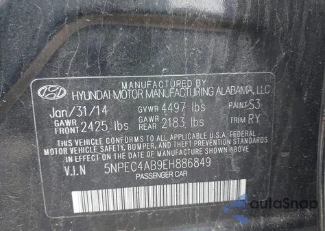 2014 Hyundai Sonata Se 2.0T from USA, damaged, VIN 5NPEC4AB9EH886849